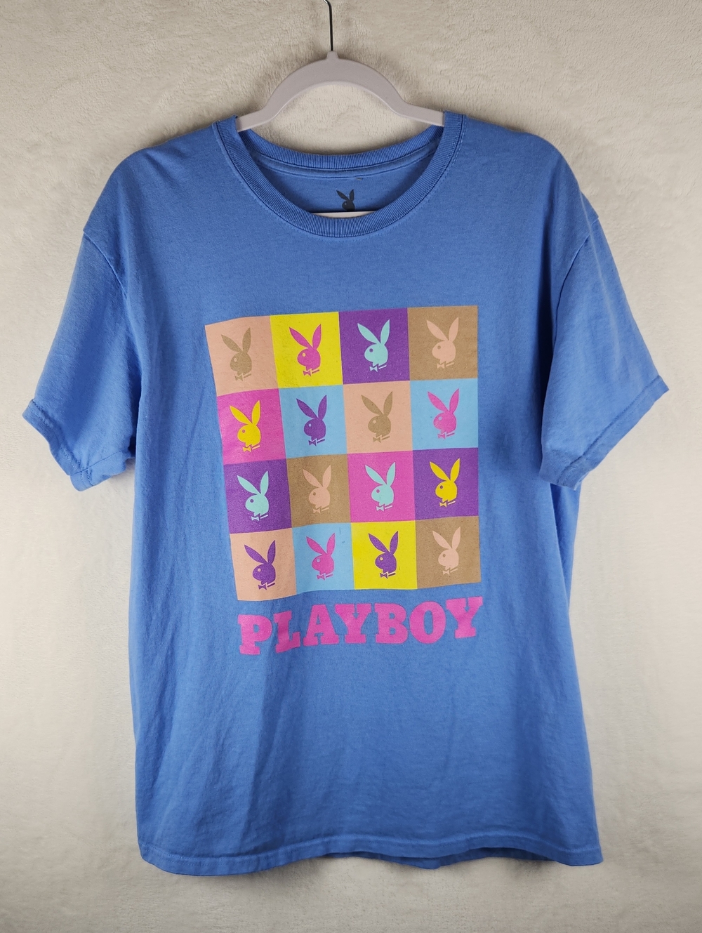 PLAYBOY Light Blue Short Sleeve Tee with Colorful Bunny Grid
